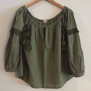 Poupette St Barth Olive Green Peasant Blouse with Tassels